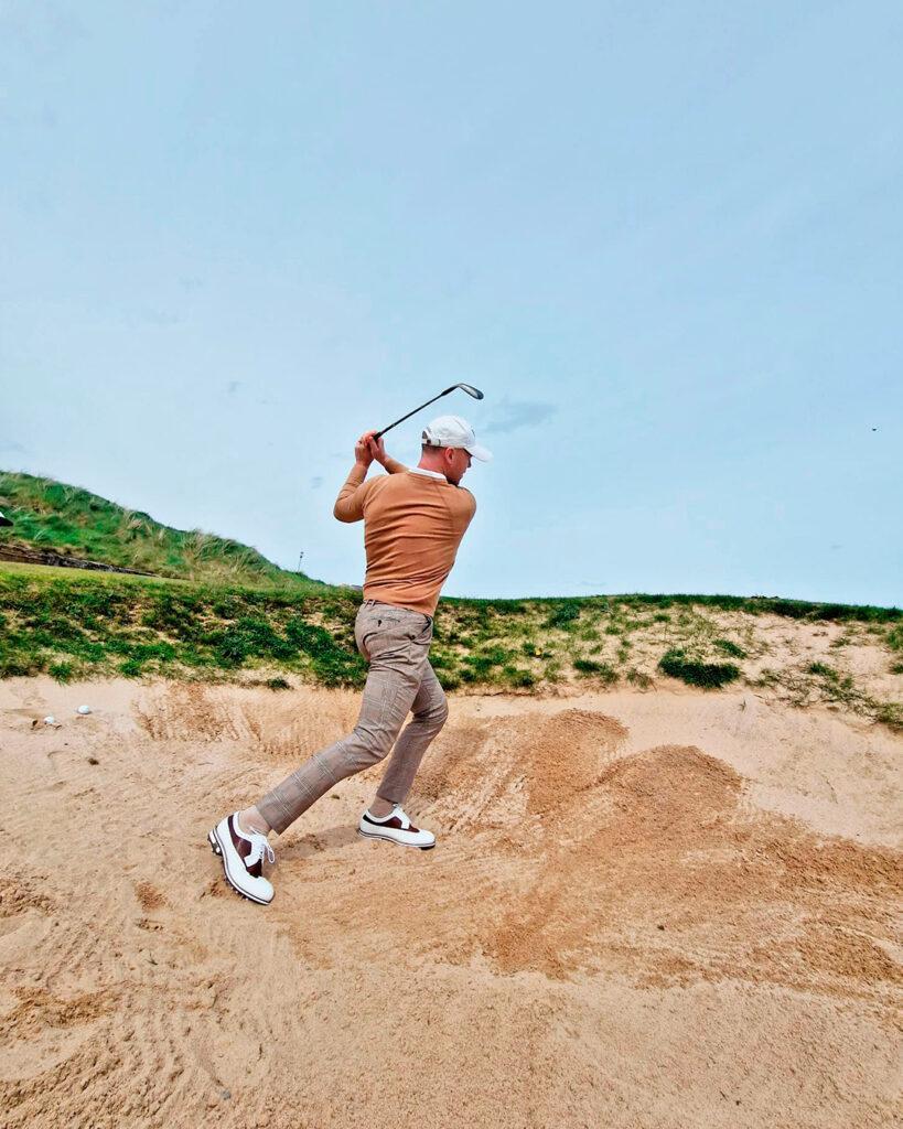 Spike Shoes in action Golf swing with Lambda Golf shoes