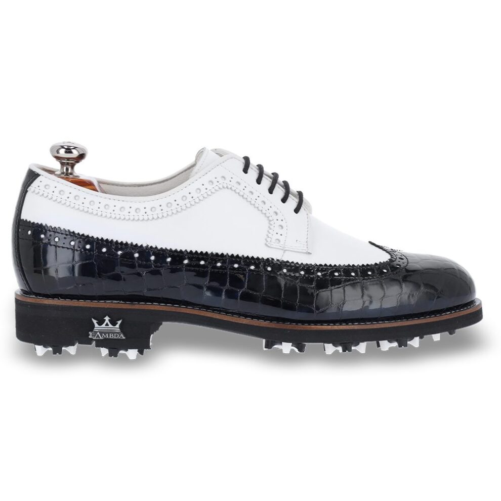 Livorno White and Dark Blue men’s leather golf shoe with spikes